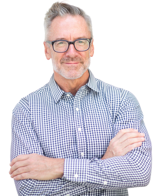 An older man with glasses, arms crossed